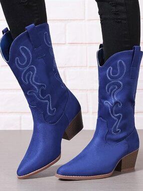 Women's Royal Blue Mid Calf Western Embroidered Concerts Nights Cowgirl Boots